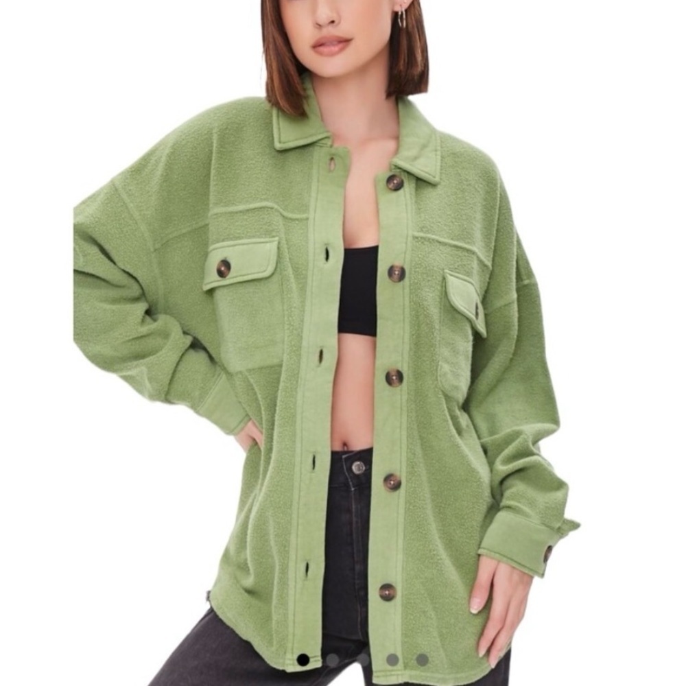 Forever 21 Fleece Button Down Jacket Shacket Avocado Size L